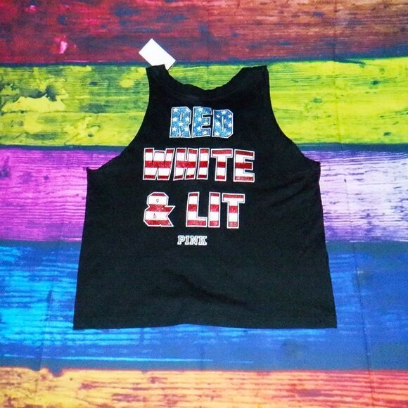 PINK Victoria Secrets black " Red White & Lit" bling tank top - Picture 1 of 4
